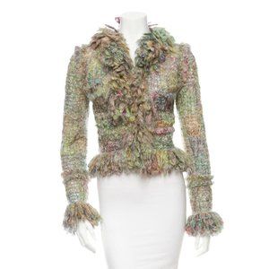 CHANEL 2003 Vintage 03A Tweed Mohair Rainbow Fringed Jacket CC buttons FR-40/38